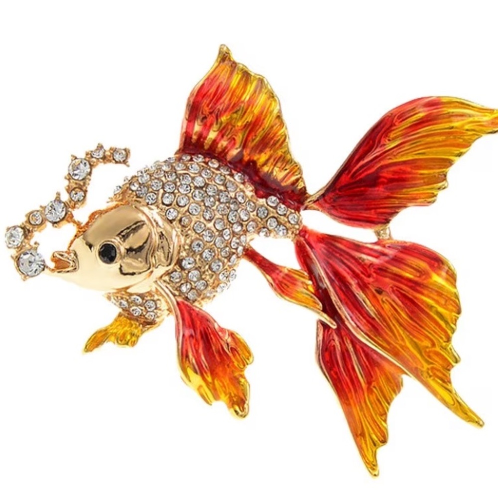 Free People Gold-tone Fish Brooch with Red and Orange Enamel Fins